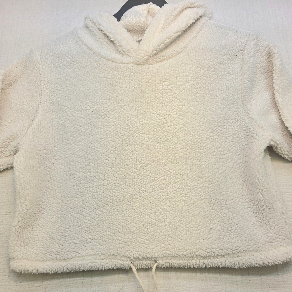 Wild Fable Cream Sherpa Cropped Hoodie XS Faux Fur Drawstring Sweatshirt White - Picture 2 of 11